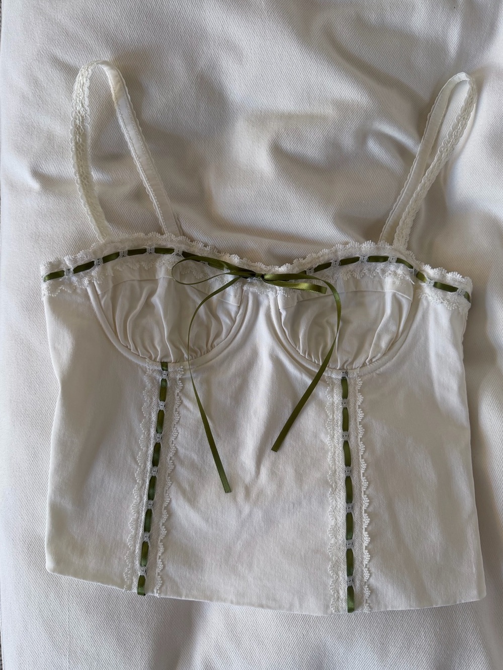 Beverly & Beck White Corset Top with Green Satin Bow